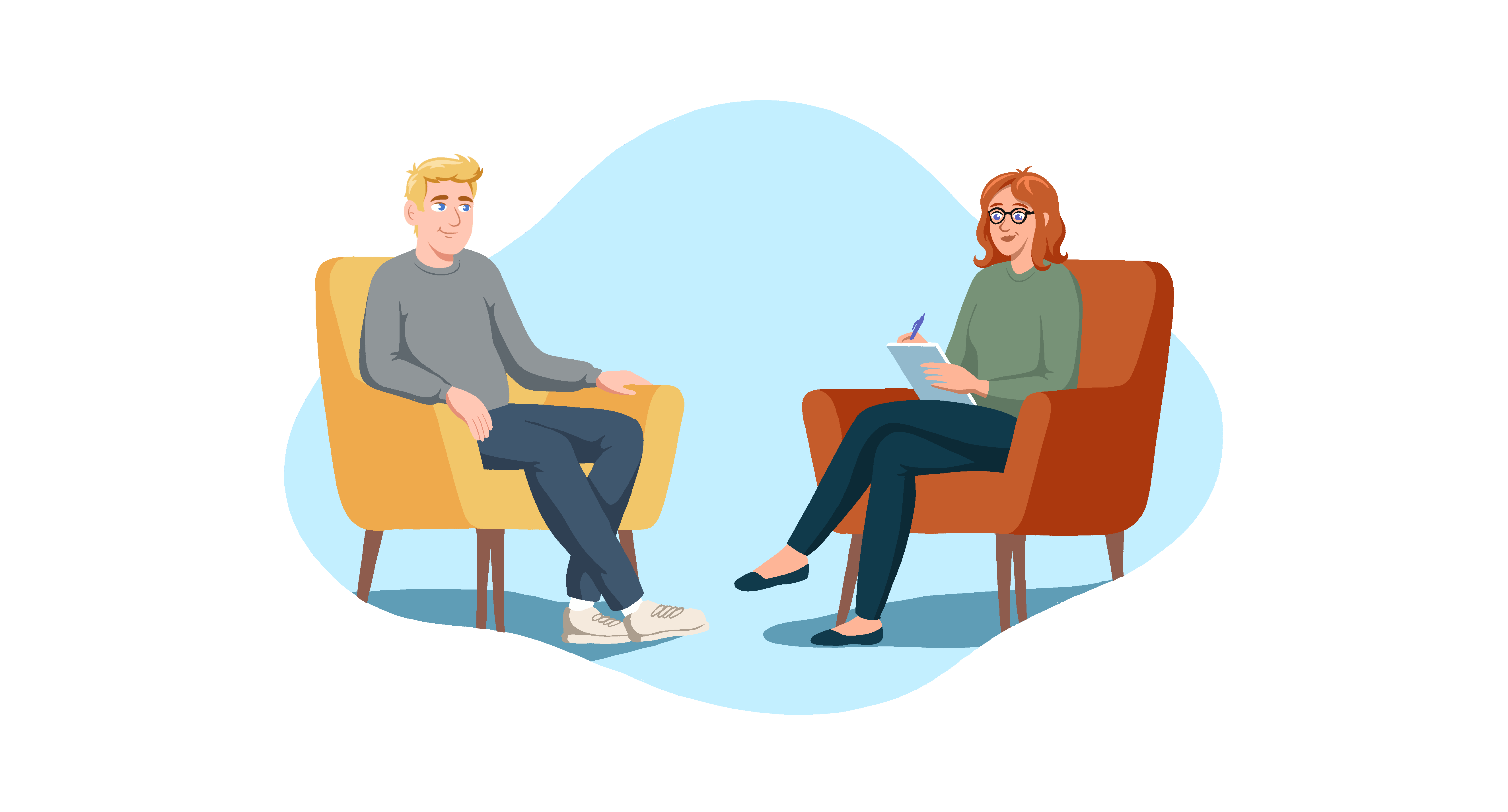Illustrasjoner av en mann og en kvinne i hver sin stol som prater sammen. Kvinnen har en blokk og en penn i hendene