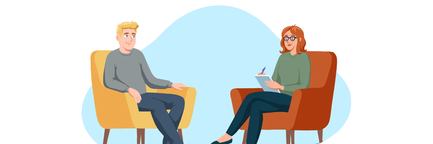 Illustrasjoner av en mann og en kvinne i hver sin stol som prater sammen. Kvinnen har en blokk og en penn i hendene