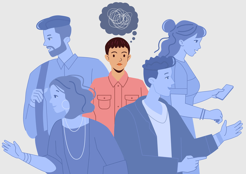 Illustrasjon av fem personer. Personen i midten har en tankeboble over seg