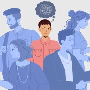 Illustrasjon av fem personer. Personen i midten har en tankeboble over seg