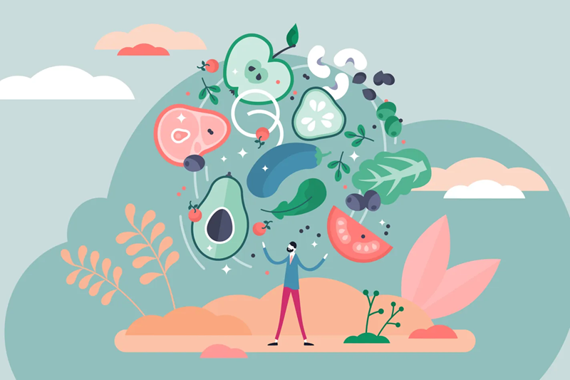 Illustrasjon av en person og matvarer rundt