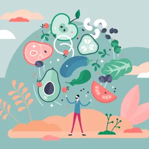 Illustrasjon av en person og matvarer rundt