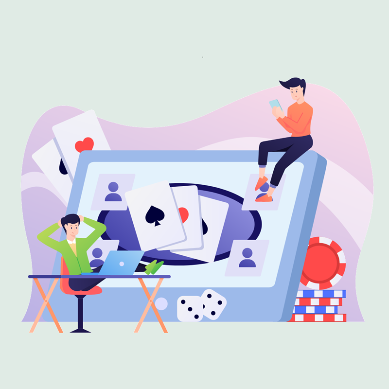 Illustrasjon av kortspill og to personer som spiller på mobil og PC