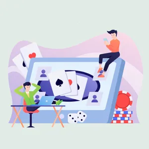 Illustrasjon av kortspill og to personer som spiller på mobil og PC