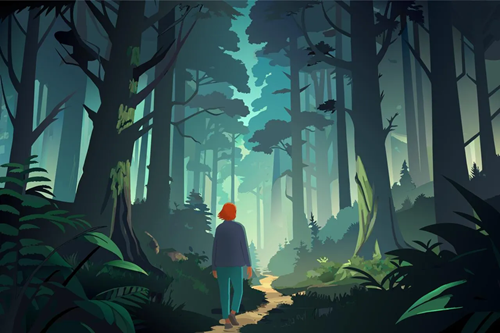 Illustrasjon av en person som går i en skog