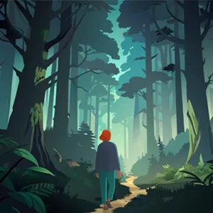 Illustrasjon av en person som går i en skog