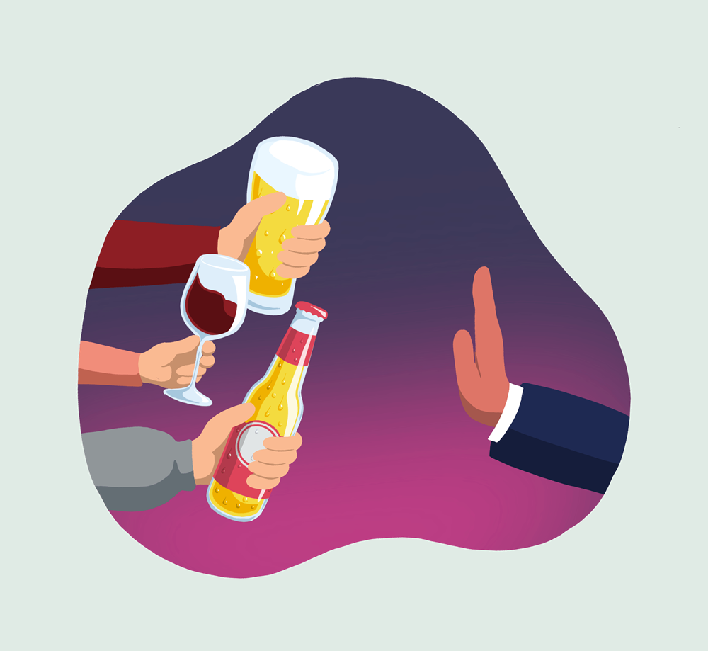 Illustrasjon av tre hender med alkoholenheter til venstre i bildet og en hånd som lagger et stopptegn til høyre