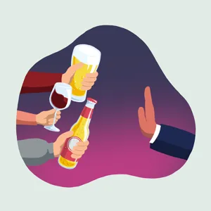 Illustrasjon av tre hender med alkoholenheter til venstre i bildet og en hånd som lagger et stopptegn til høyre